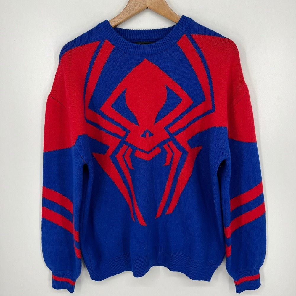 Steady Hands Spider Knit Sweater Blue Red Graphic XS Superhero Streetwear